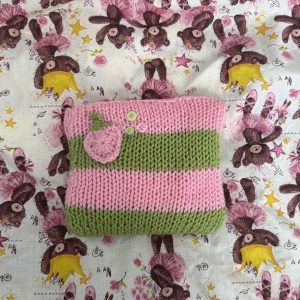 handmade striped knitted strawberry matcha pouch
