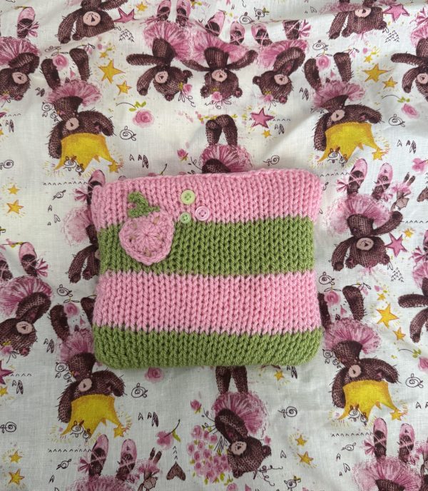 handmade striped knitted strawberry matcha pouch
