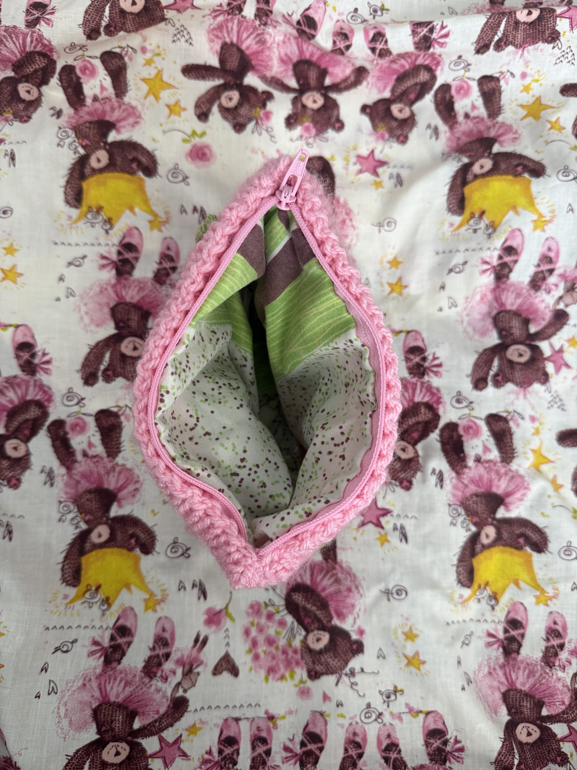 handmade striped knitted strawberry matcha pouch - Image 2